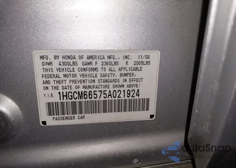 2005 Honda Accord 3.0 Ex из США, поврежденный, VIN 1HGCM66575A021924